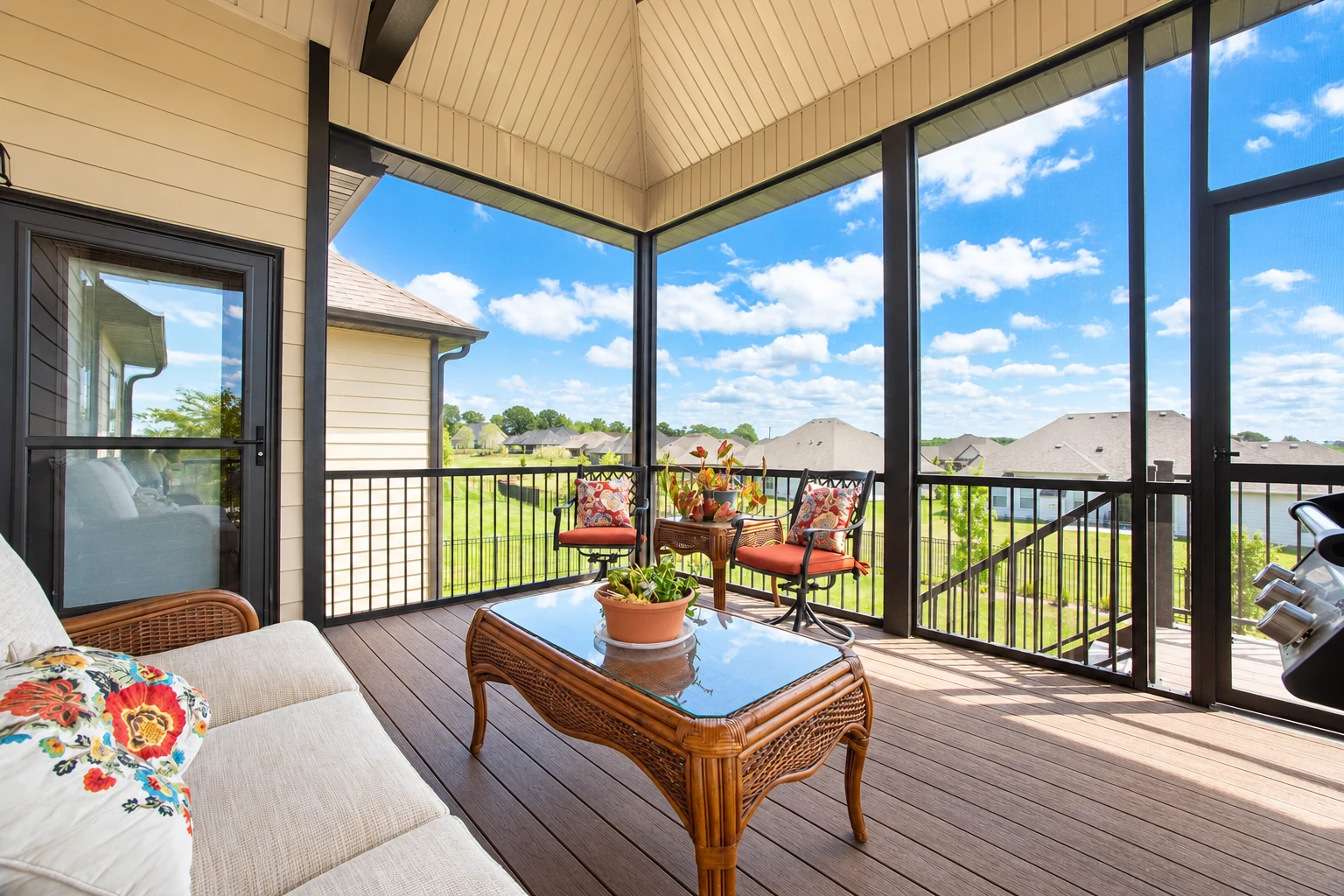 Enclosed deck sunroom with black screen framing, wicker seating, and wide views of the surrounding neighborhood.
