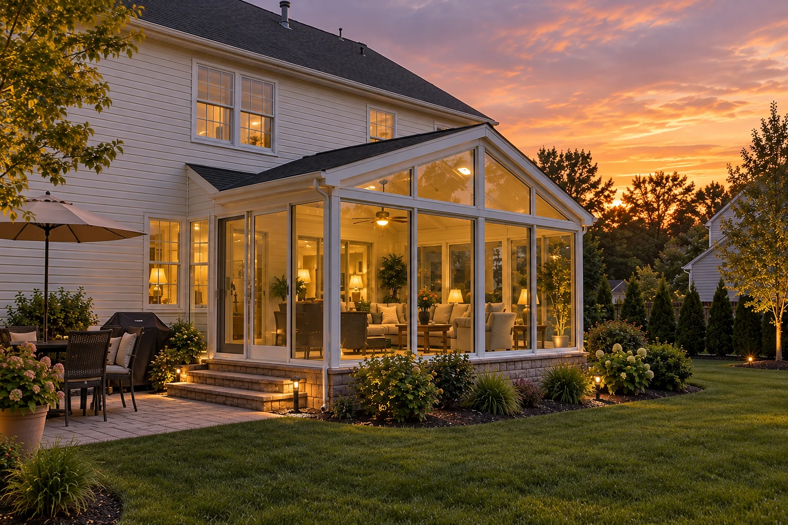 White house with a glass sunroom glowing at sunset, beside a paved patio and lawn.
