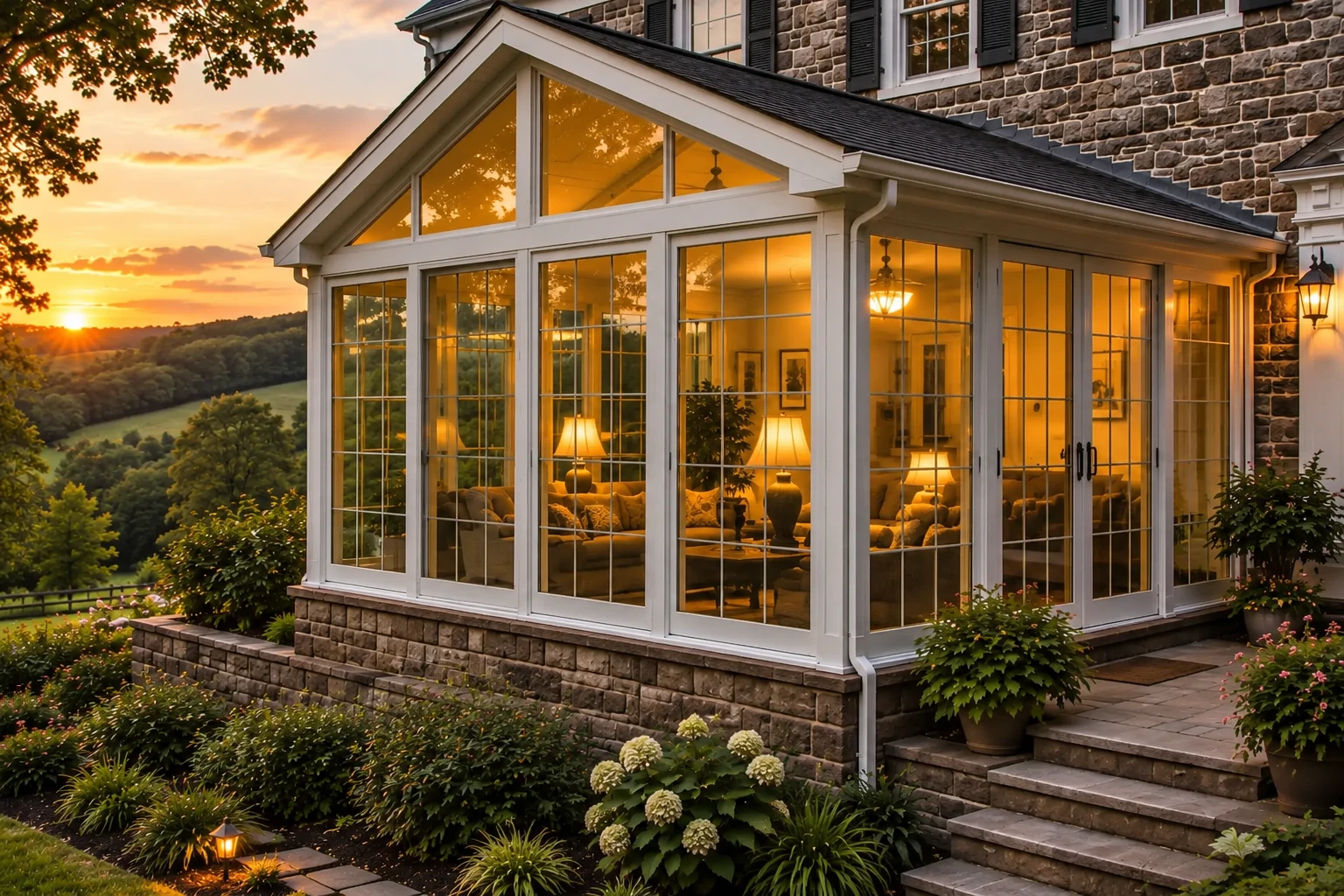 Enclosed patio room with white-framed glass walls and a gabled roof, warmly lit at sunset beside a stone house.