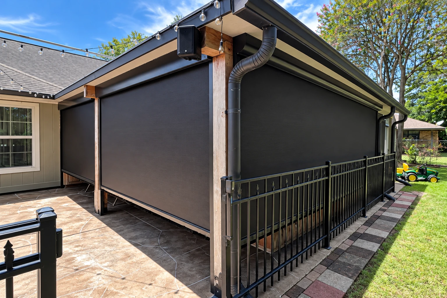 Covered patio with dark retractable screen panels, a black railing, and stone flooring.