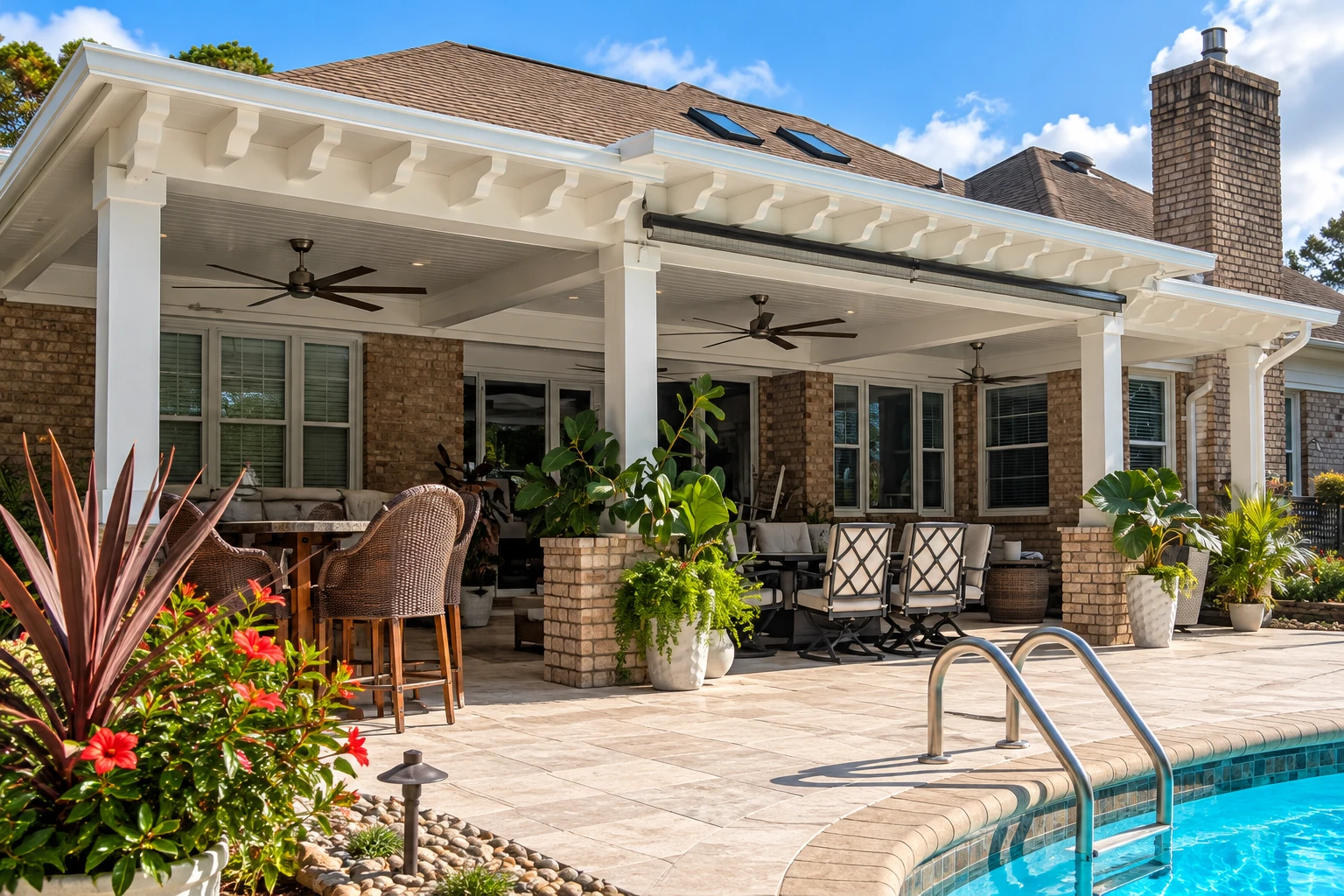 Covered patio with a white roof and ceiling fans, furnished beside a swimming pool and brick house.