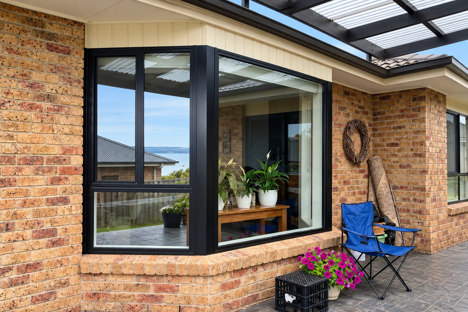 Brick patio converted into a sunroom with large black-framed windows beneath a covered roof.