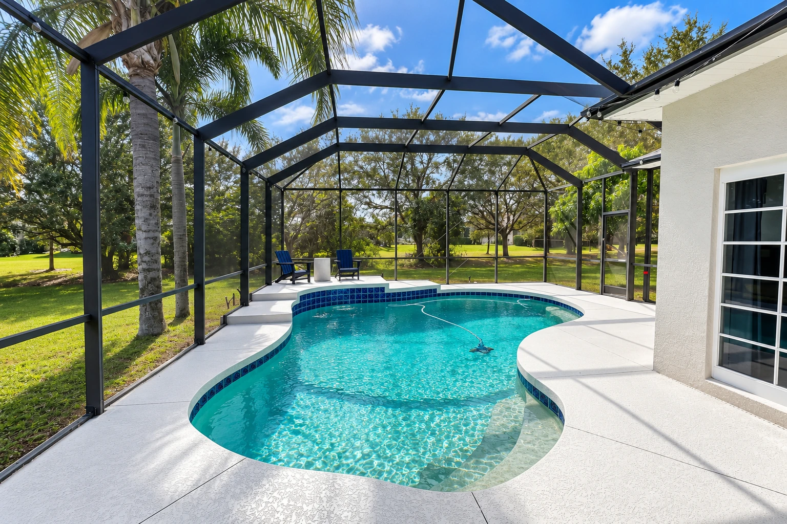 Curved swimming pool beneath a black-framed screen enclosure, with tropical trees visible beyond.