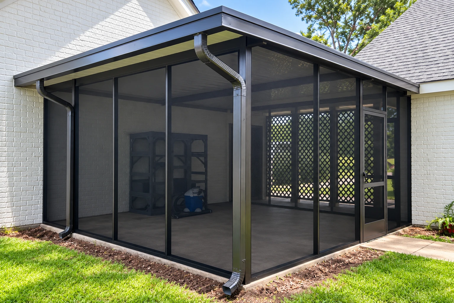 A black-framed screened patio enclosure with a sloped roof, door, and downspouts beside a white brick house.