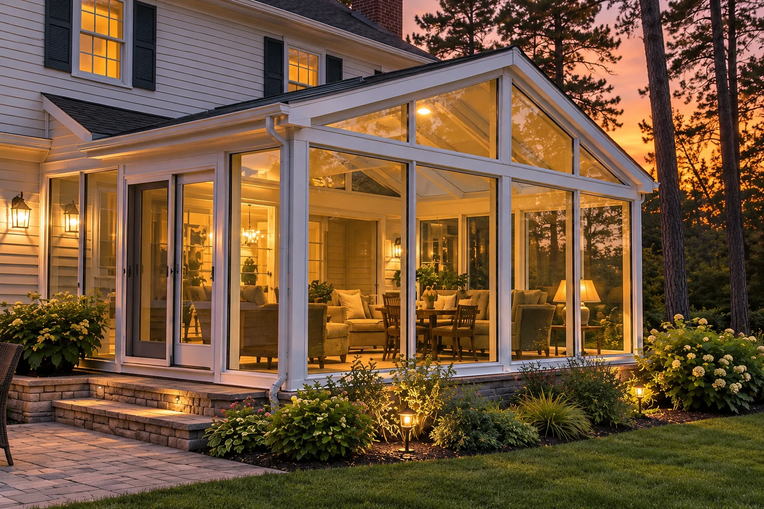 Glass solarium attached to a house, with a peaked roof, white framing, and a furnished interior glowing at dusk.