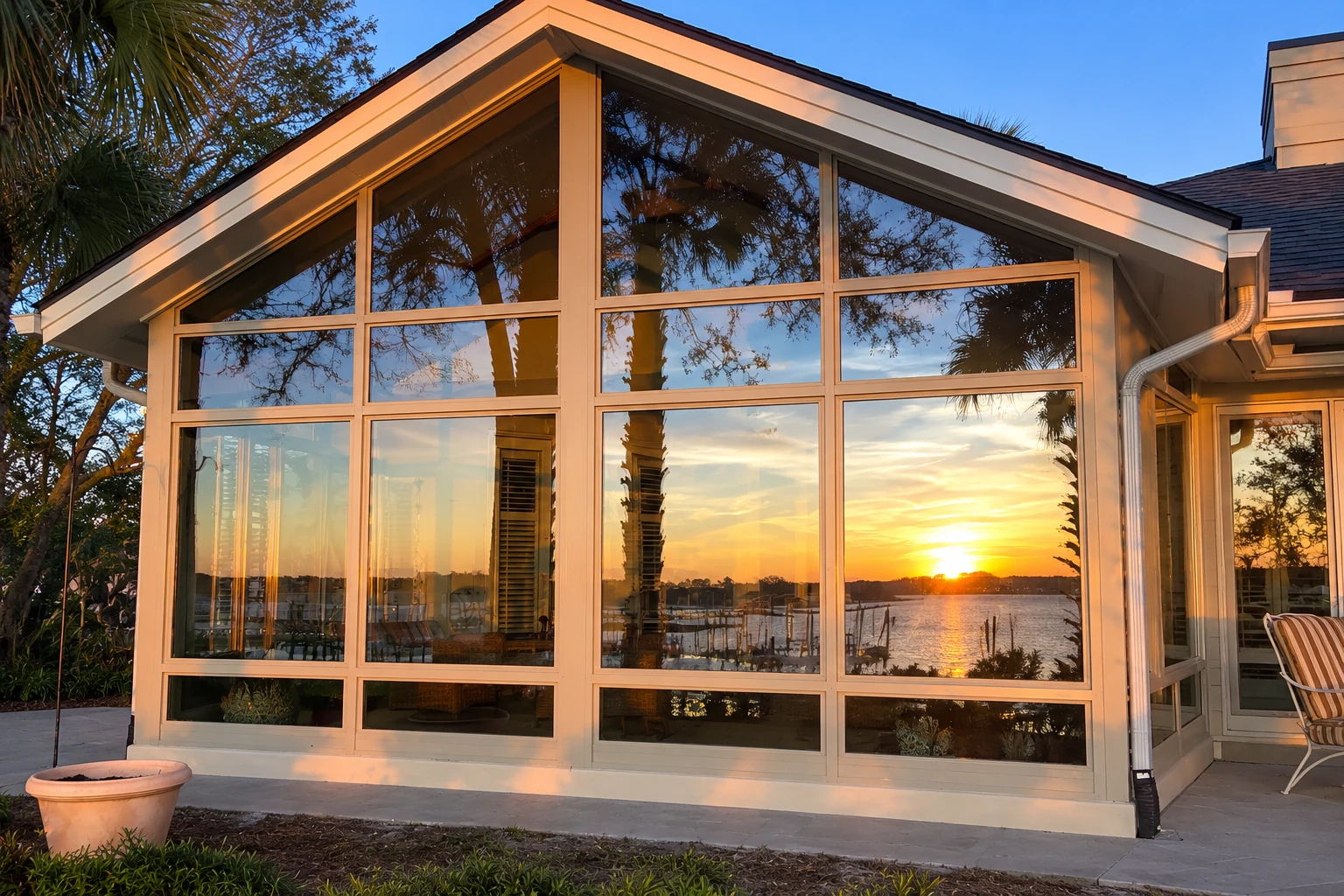 A peaked sunroom addition with a broad grid of windows reflects a sunset over the water.