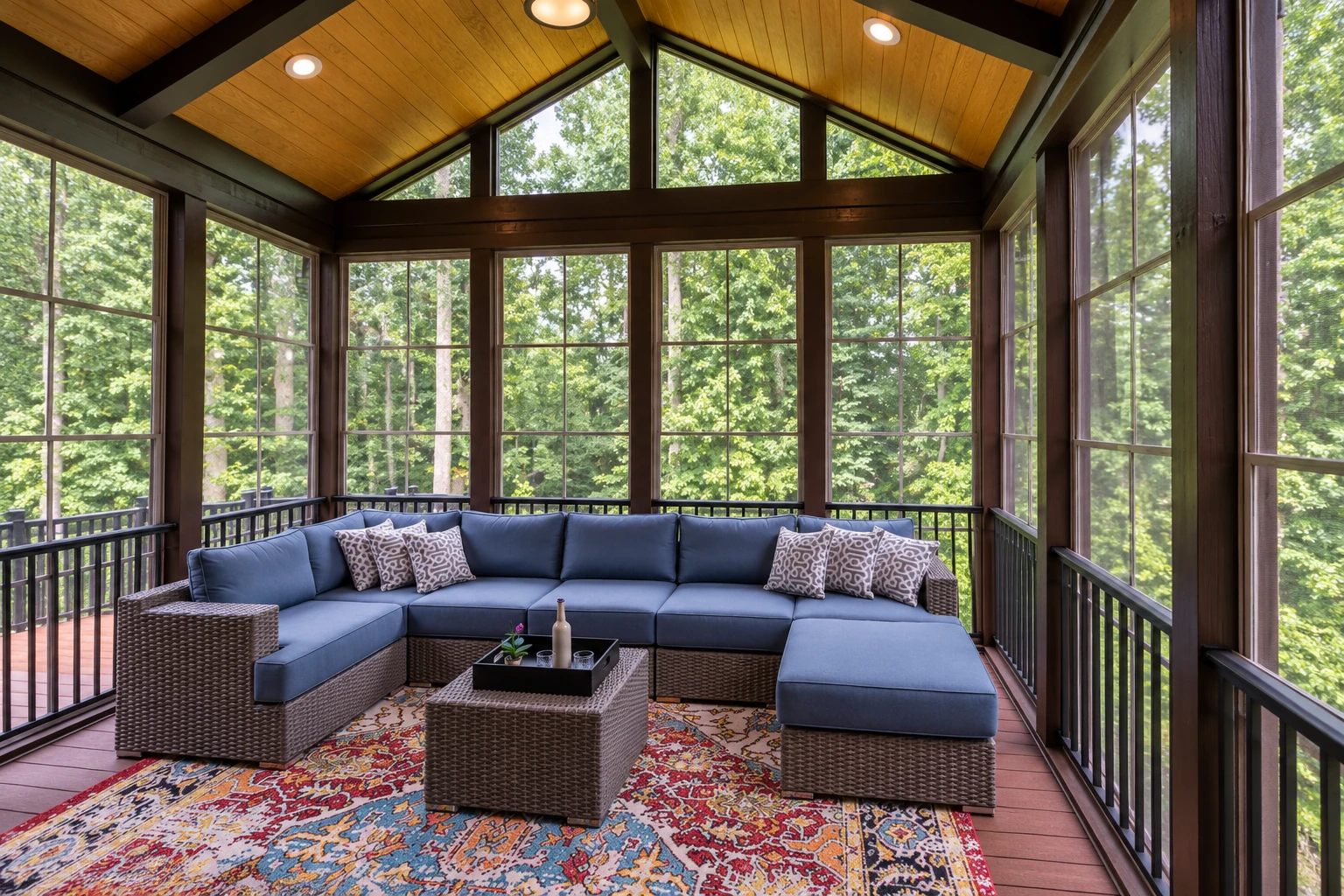 Sunroom with tall windows, a vaulted wood ceiling, and a blue sectional sofa overlooking a wooded setting.