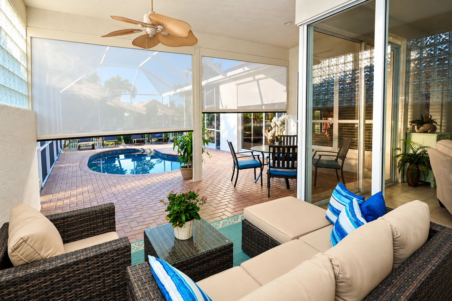 Bright remodeled sunroom with wicker seating, sliding glass doors, and a view of a screened pool patio.
