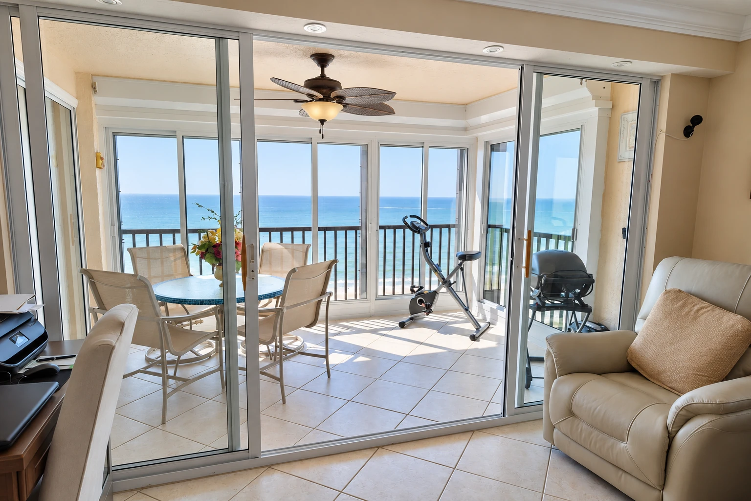 A tiled sunroom with sliding glass doors, a small dining set, exercise bike, and ocean views.
