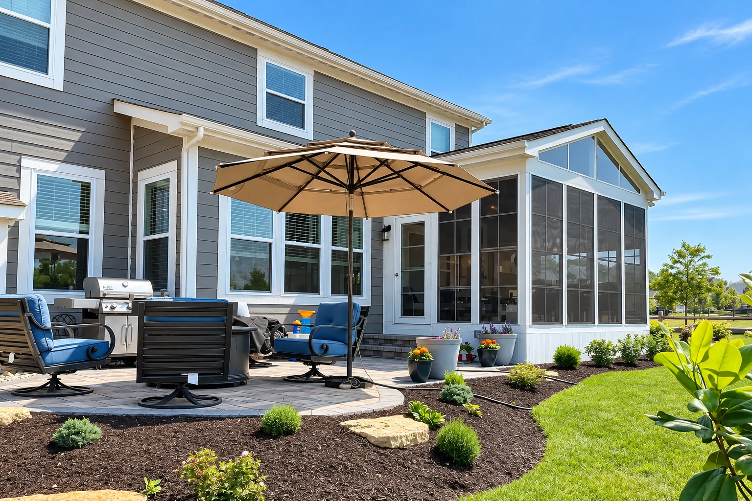 Three-season sunroom with screened windows extends from a gray house beside a paved patio with chairs, grill, and umbrella.