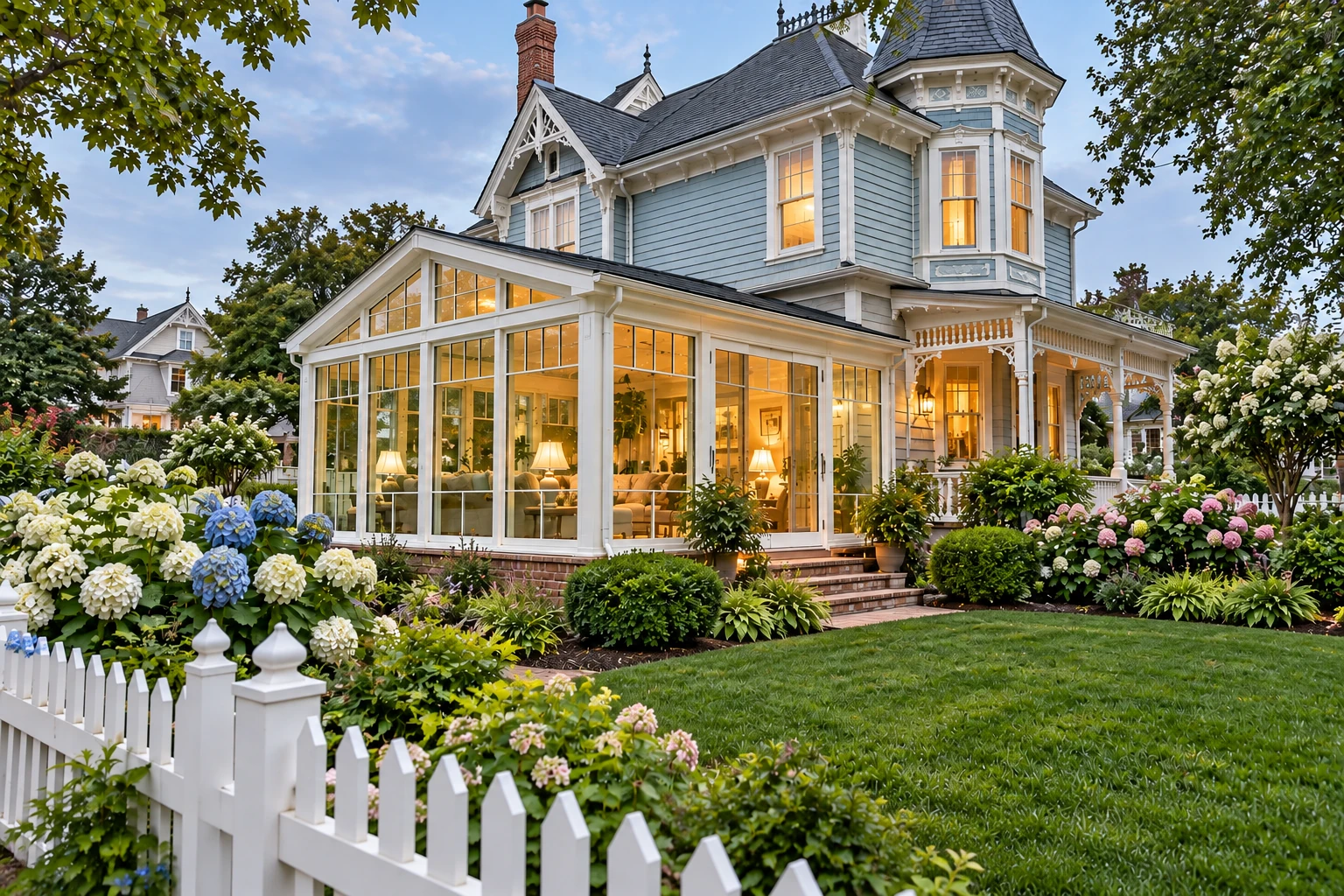 Two-story blue-gray house with a bright glass sunroom, white trim, and flower-filled garden.